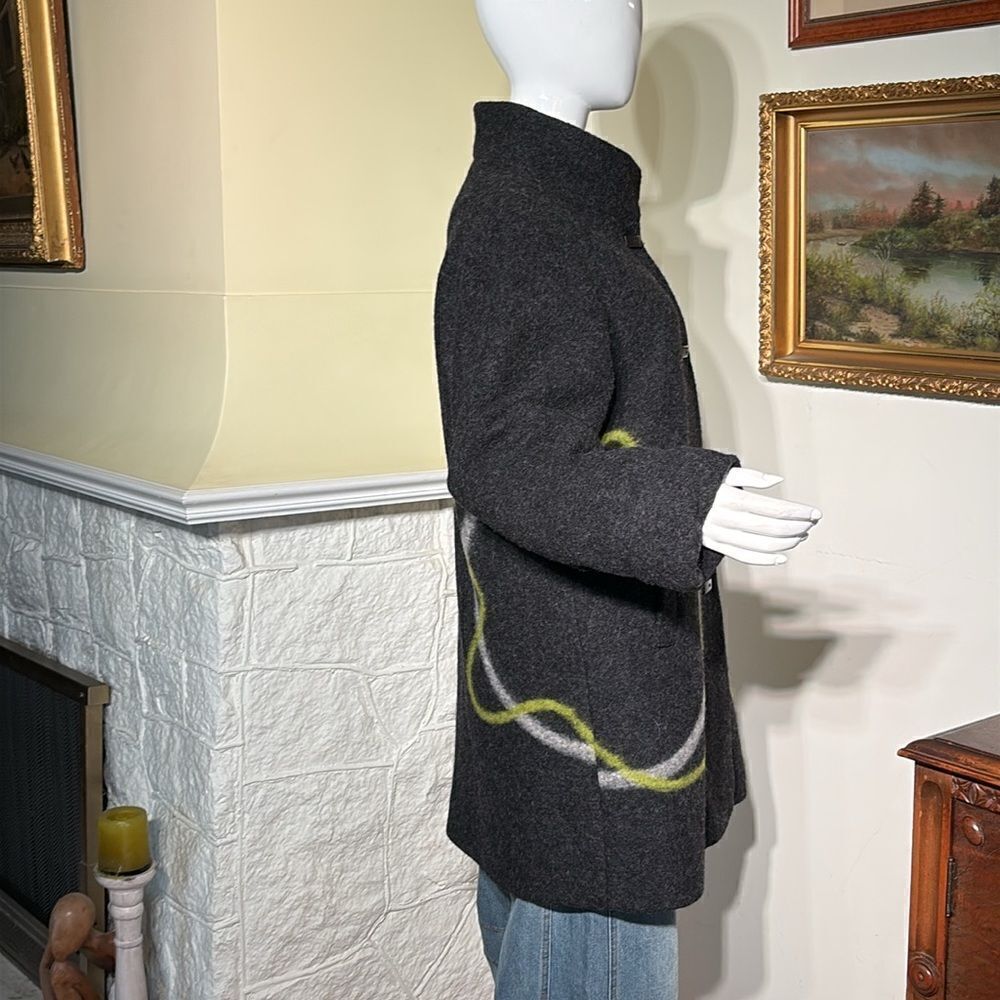 Aino Finland Dark Grey & Lime Green Wool Car Length Coat - Picture 8 of 15